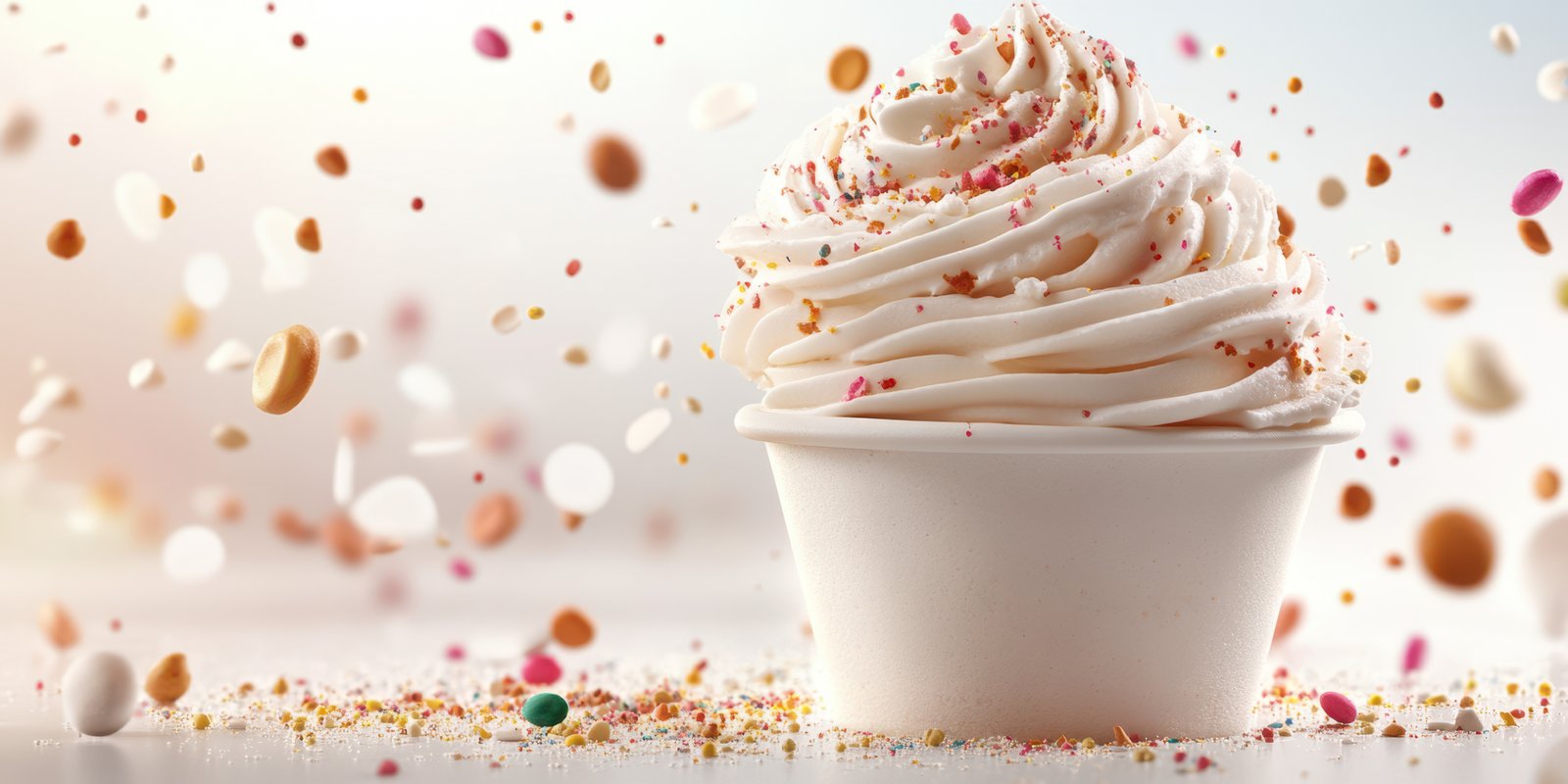 Sweet swirls of creamy dessert topped with colorful sprinkles on a bright surface